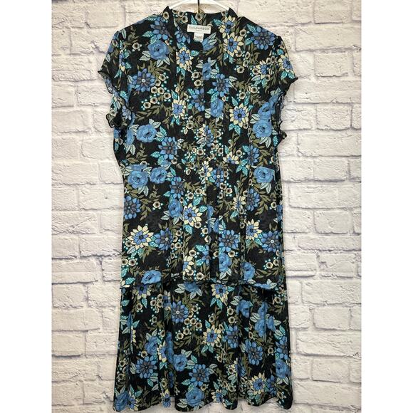 Sag Harbor Woman Vntg Blue Floral Short Sleeve Midi Skirt 2 Pc Set SZ L /XL NWOT - Picture 1 of 5